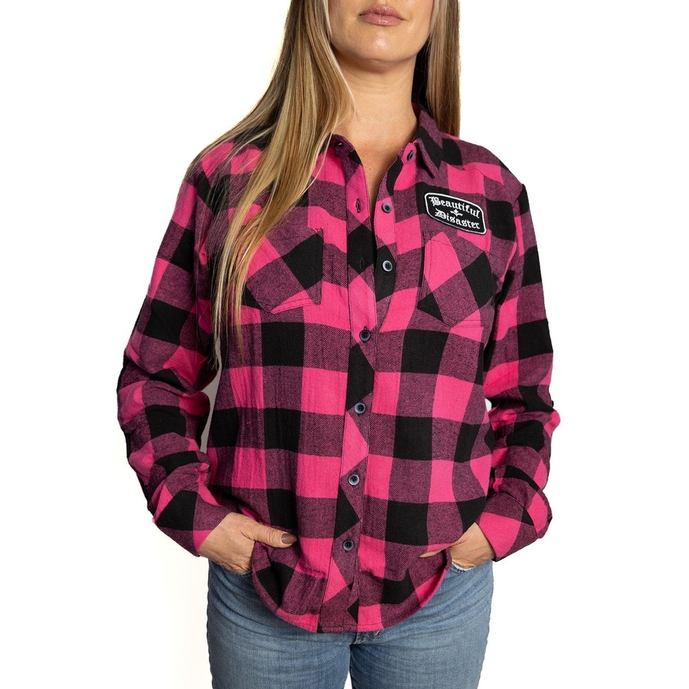 Beautiful Disaster Pink‎ Black Buffalo Plaid Flannel Shirt Womens Long Sleeve